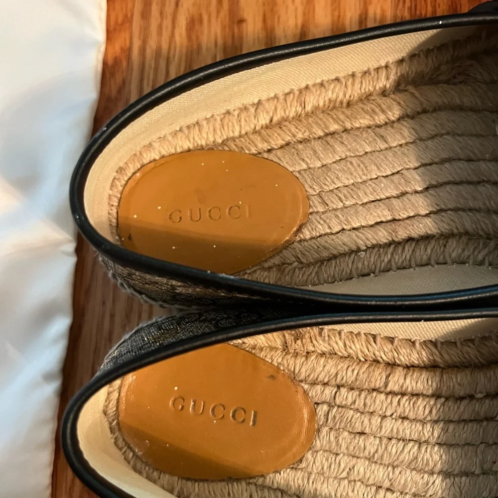 Gucci Beige GG Monogram Espadrille Flats with Black Trim